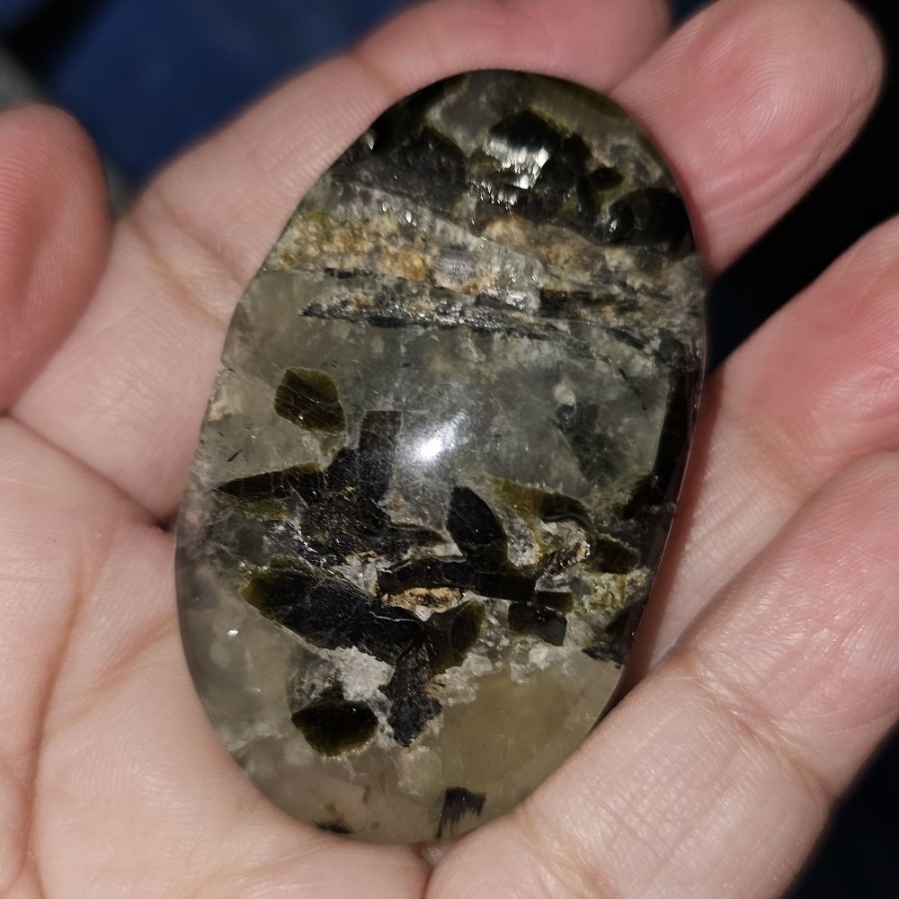 52g,40x31x18mm Phrenite Palm Stone, Several Small Drusy Openings, New!